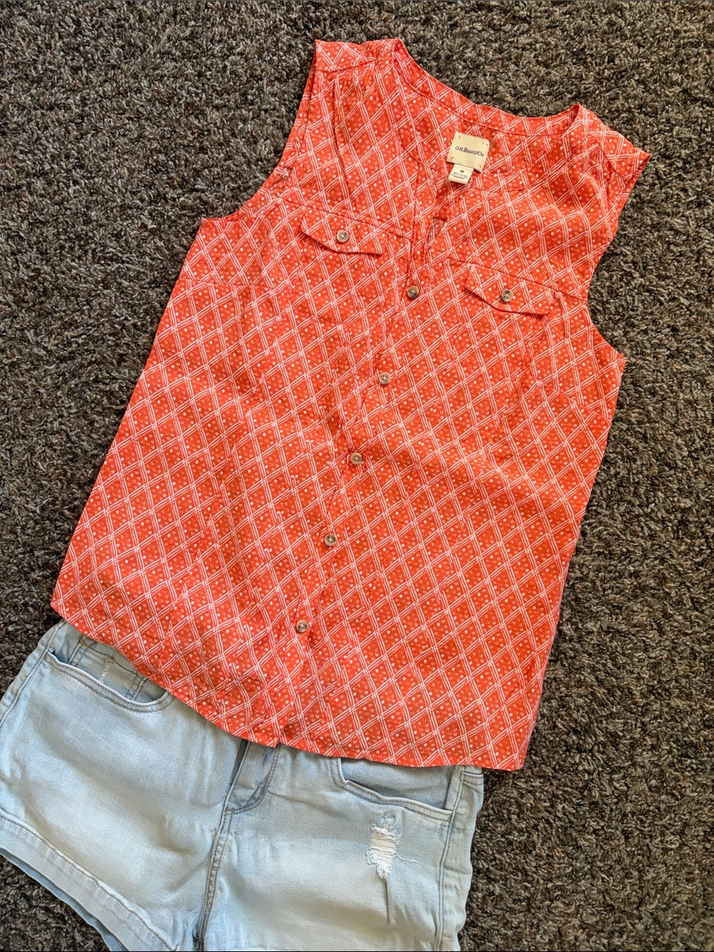 GH Bass & Co Orange White Diamond Print Sleeveless Button Down Blouse, Size Med